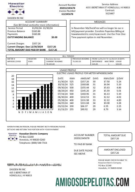 realista Modelo de conta de serviços públicos elétricos havaianos dos EUA em formatos Word e PDF